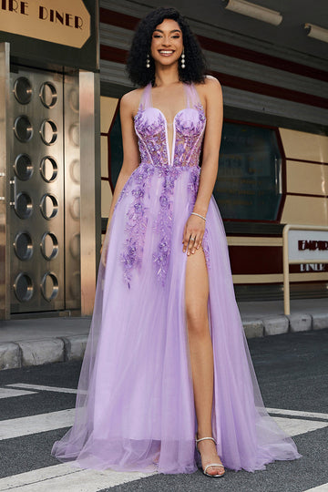 Splendida A Line Halter Neck Grigio Corsetto Viola Prom Dress con Appliques